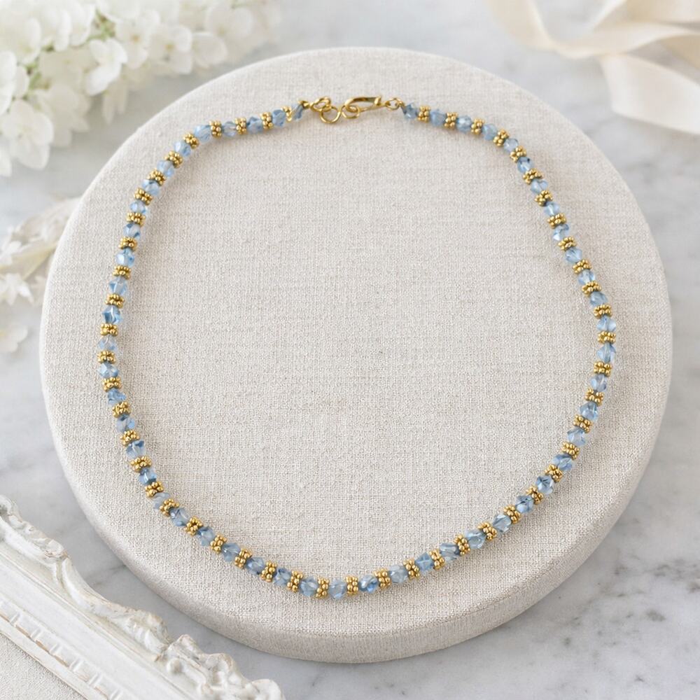 Blue Crystal Gold Beaded Choker Minimalist Dainty Necklace